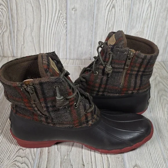 Sperry Saltwater Brown Plaid Duck Boots Womens Size 9 - Picture 12 of 14